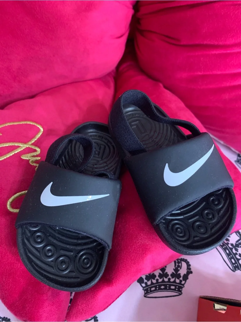 Nike Kids Black Slides with White Swoosh and Heel Strap